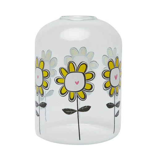 Sunflower borosilicate glass bud vase, front view on white background showing delicate sunflower design