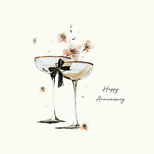 Happy Anniversary card by Five Dollar Shake, close-up of champagne glasses with dark bow and delicate blossom detail, glitter finish