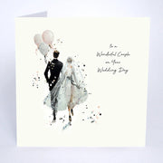 To a Wonderful Couple on Your Wedding Day card by Five Dollar Shake, full card view showing couple with balloons and glitter veil detail