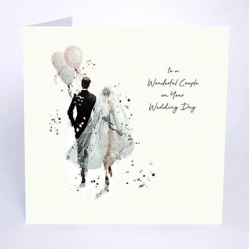To a Wonderful Couple on Your Wedding Day card by Five Dollar Shake, full card view showing couple with balloons and glitter veil detail