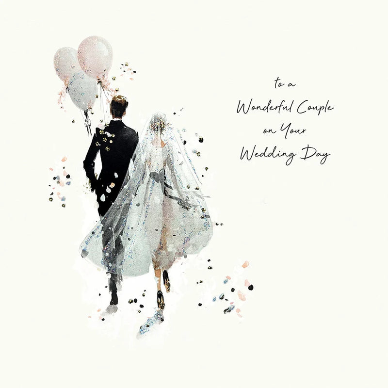 Wedding card by Five Dollar Shake, couple walking hand in hand with balloons and flowing veil, confetti and glitter detail on cream background