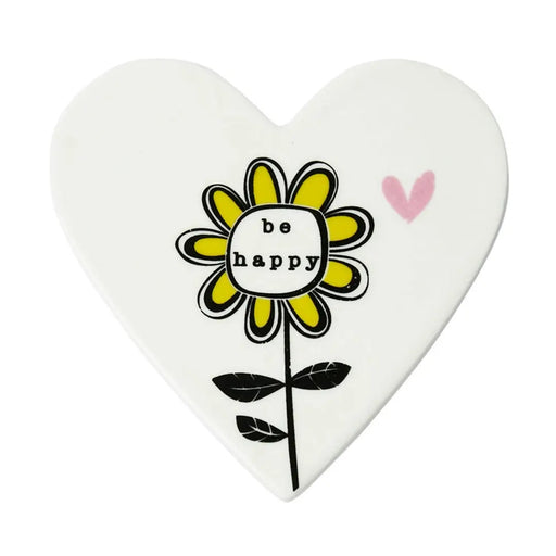 Be Happy woodcut sunflower heart-shaped ceramic coaster, front view on white background