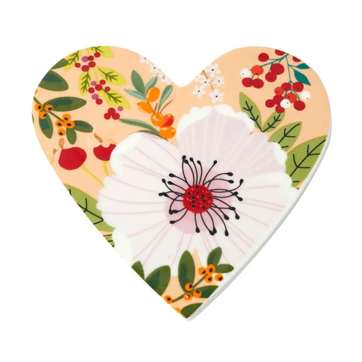White Rose heart-shaped porcelain coaster with delicate white rose design, front view on white background