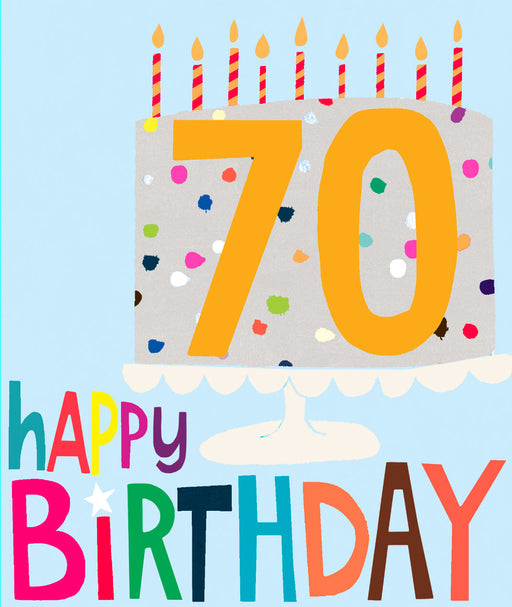70th birthday card with an illustrated grey confetti cake on a cake stand with nine striped candles and a large orange number 70, on a pale blue background with multicoloured "Happy Birthday" lettering below