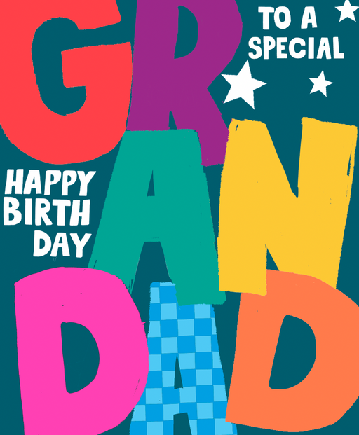 Birthday card for Grandad with giant multicoloured block letters spelling "Grandad" on a teal background with white stars and the text "To a Special Grandad Happy Birthday"