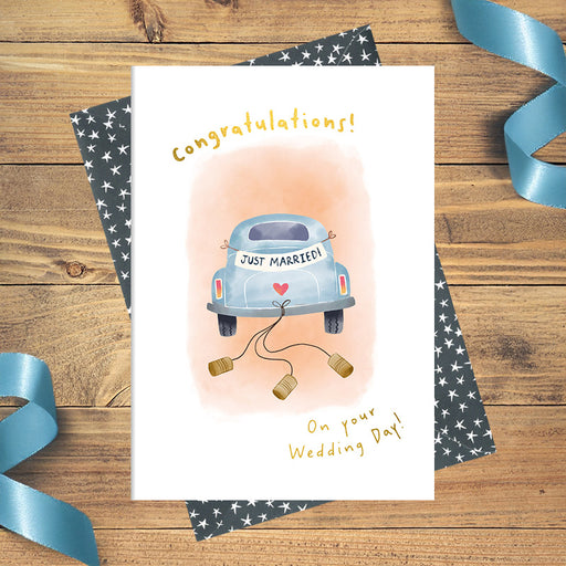 Congratulations on your wedding day card with gold foil finish, printed on luxury 300gsm FSC-certified board, supplied with bespoke black and white patterned envelope, 114x162mm