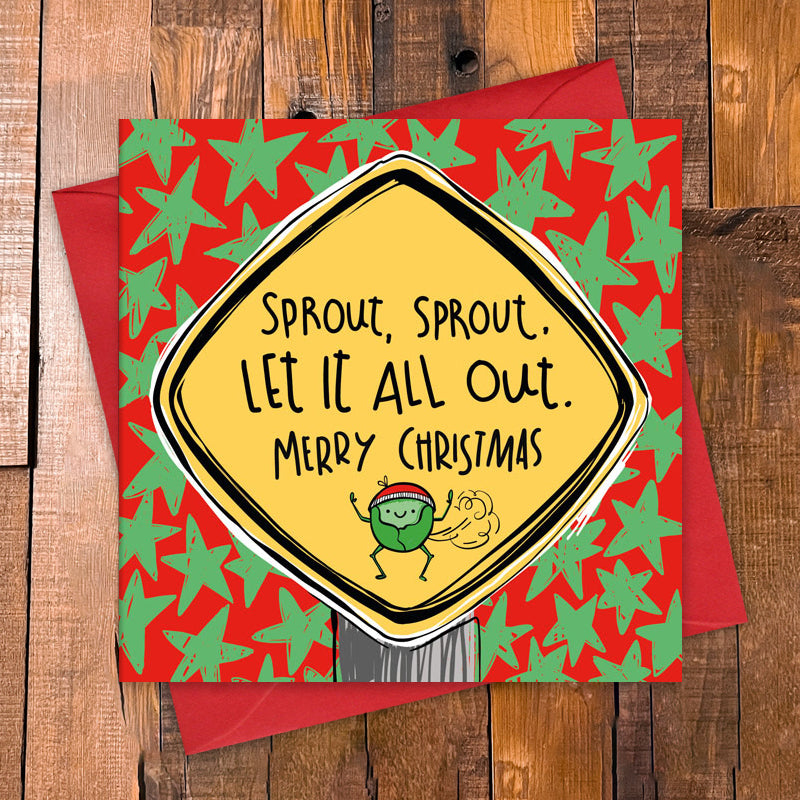 Sprout Christmas card featuring a cartoon sprout wearing a festive hat, the message ‘Sprout, sprout, let it all out. Merry Christmas’ and a bold star-patterned background.