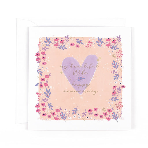 Wife anniversary card with floral border and heart design, 6x6 inches – Little Monkey Gifts