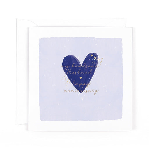 Husband anniversary card with blue heart and gold text, 6x6 inches