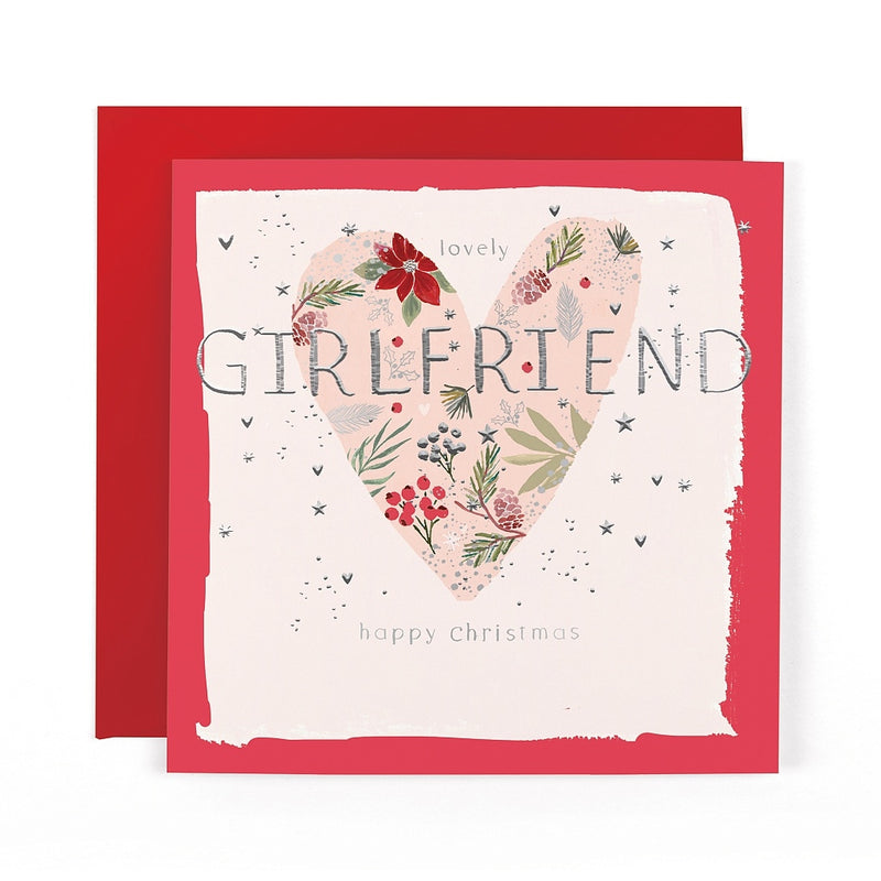 Lovely Girlfriend Christmas card featuring a heart filled with festive flowers, berries, pinecones and foliage, surrounded by small hearts and stars.