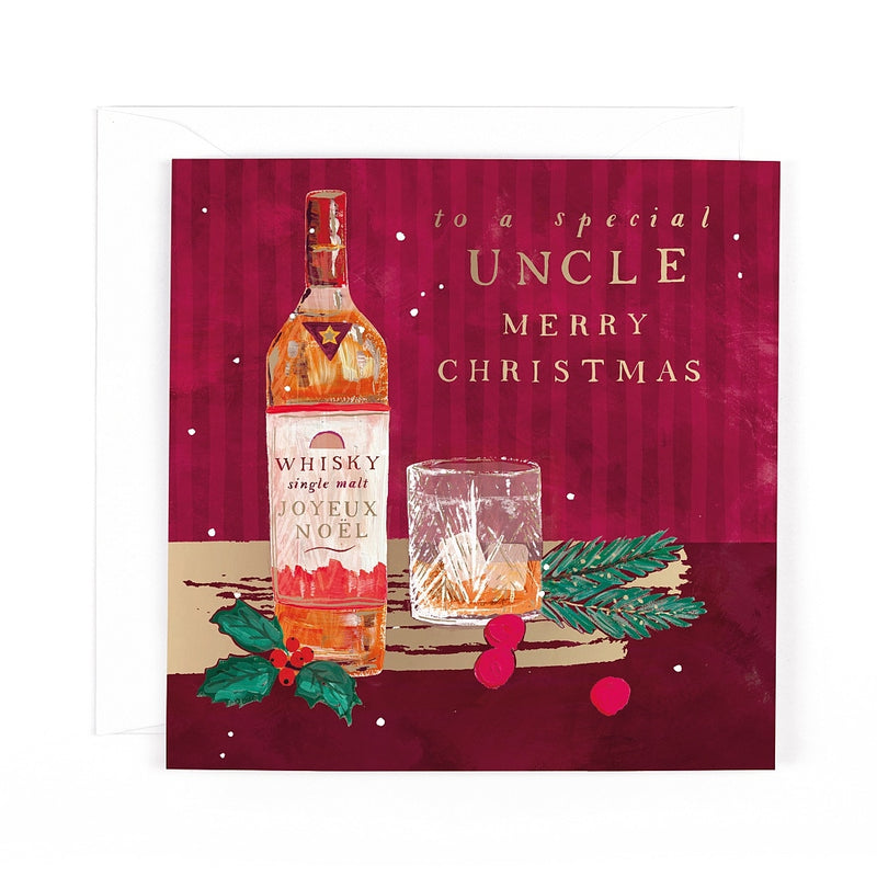 Special Uncle Christmas card featuring an illustrated single malt whisky bottle and tumbler alongside holly, berries and evergreen sprigs
