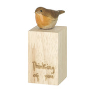 Small robin figurine perched on a natural wooden block engraved with "Thinking of you" in handwritten script, 3.5 x 3.5 x 8.5cm