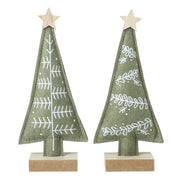 Two green felt Christmas tree decorations with white detail and natural wood star toppers, shown side by side on their wood bases