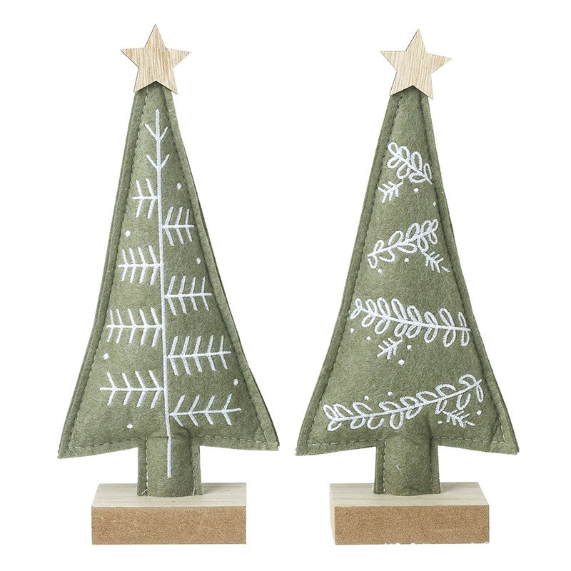 Two green felt Christmas tree decorations with white detail and natural wood star toppers, shown side by side on their wood bases