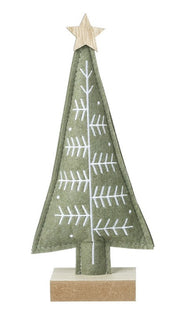 Green felt Christmas tree decoration with white folk art branch detail and natural wood star topper, standing on a wood base