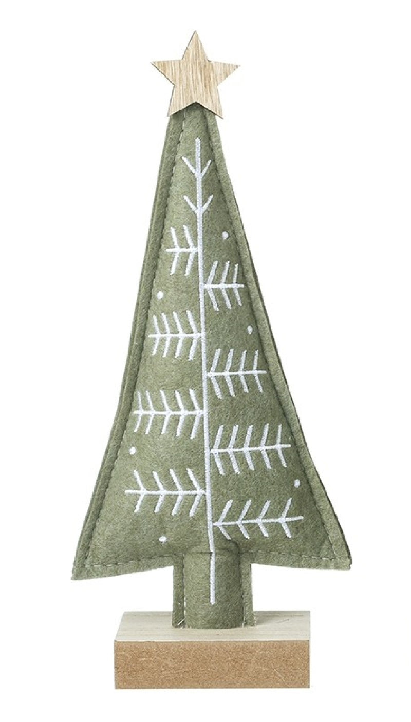 Green felt Christmas tree decoration with white folk art branch detail and natural wood star topper, standing on a wood base