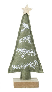 Green felt Christmas tree decoration with white garland detail and natural wood star topper, standing on a wood base