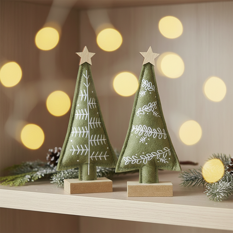 Two green felt Christmas tree decorations with natural wood star toppers standing side by side on a light wood shelf, styled with warm golden bokeh fairy lights in a cosy festive setting