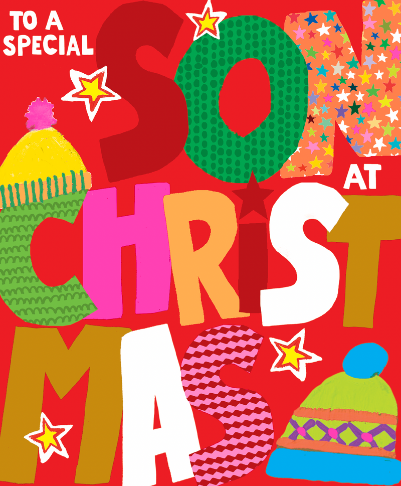 Son Christmas card with bold hand-lettered typography and playful bobble hats on a red background
