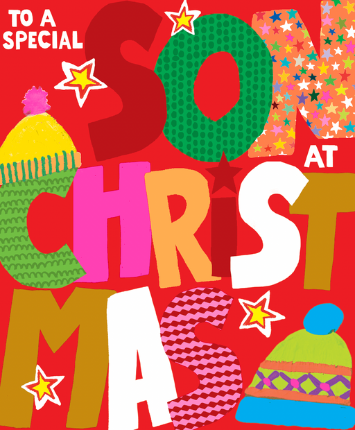Son Christmas card with bold hand-lettered typography and playful bobble hats on a red background