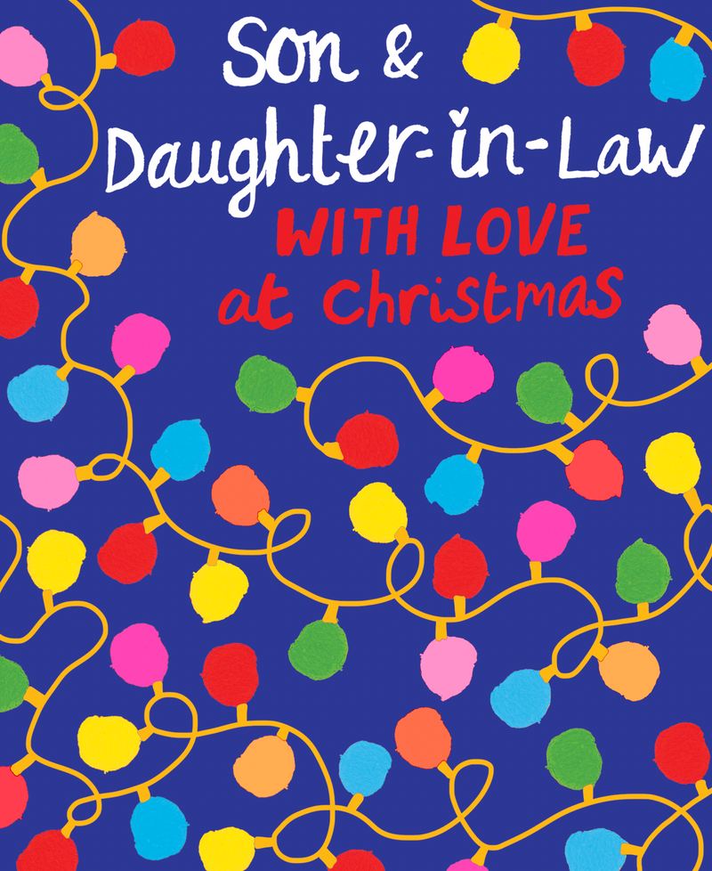 Son and Daughter-in-Law Christmas card with illustrated fairy lights on a deep blue background