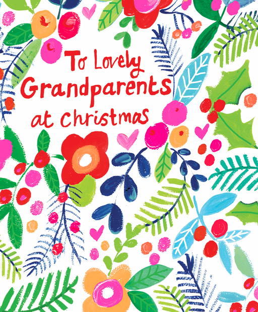 Grandparents Christmas card with illustrated foliage, berries, and flowers, finished with gorgeous foil detailing