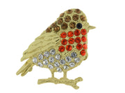 Gold plated crystal robin brooch perched on a branch with brown, red, and clear crystal-effect detailing
