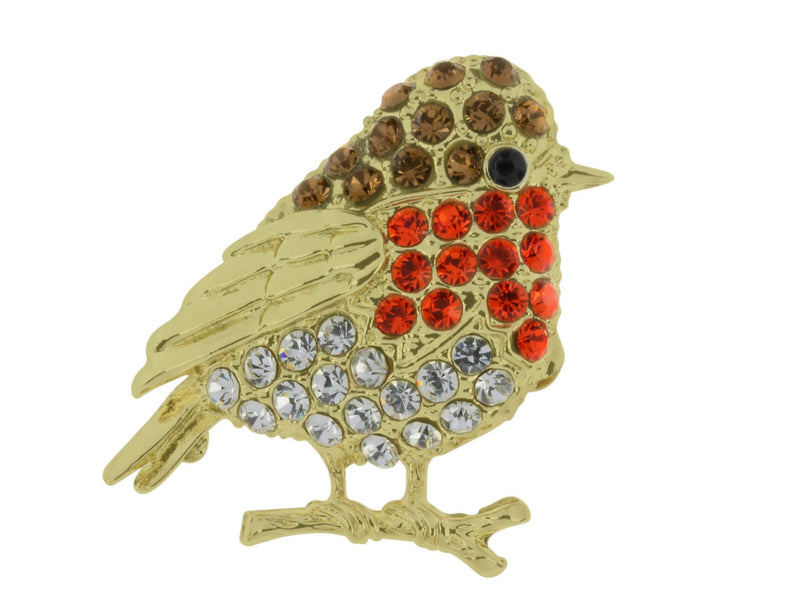 Gold plated crystal robin brooch perched on a branch with brown, red, and clear crystal-effect detailing