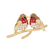 Gold plated crystal two robins brooch perched together on a branch with brown, red, and clear crystal-effect detailing