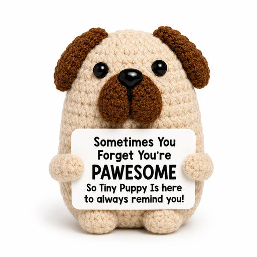 Dog Positive Crochet Gift character as a cream crochet pup with brown ears and nose holding a Sometimes you forget you're PAWESOME message, presented on a white background