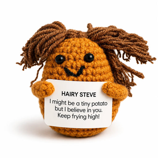 Hairy Steve Positive Crochet Gift character as a golden crochet potato with wild brown yarn hair holding a Keep frying high message, presented on a white background