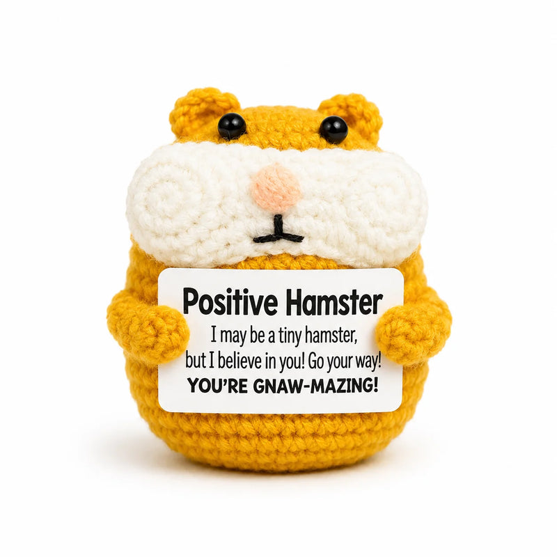Hamster Positive Crochet Gift character with chubby cheeks holding a You're Gnaw-Mazing message, presented on a white background