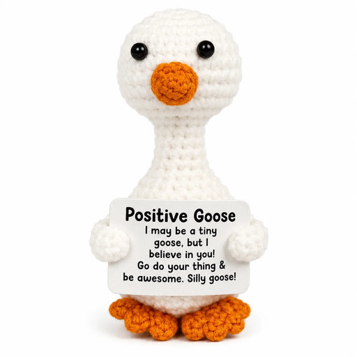 Goose Positive Crochet Gift character with an orange beak and feet holding a Silly Goose uplifting message, presented on a white background
