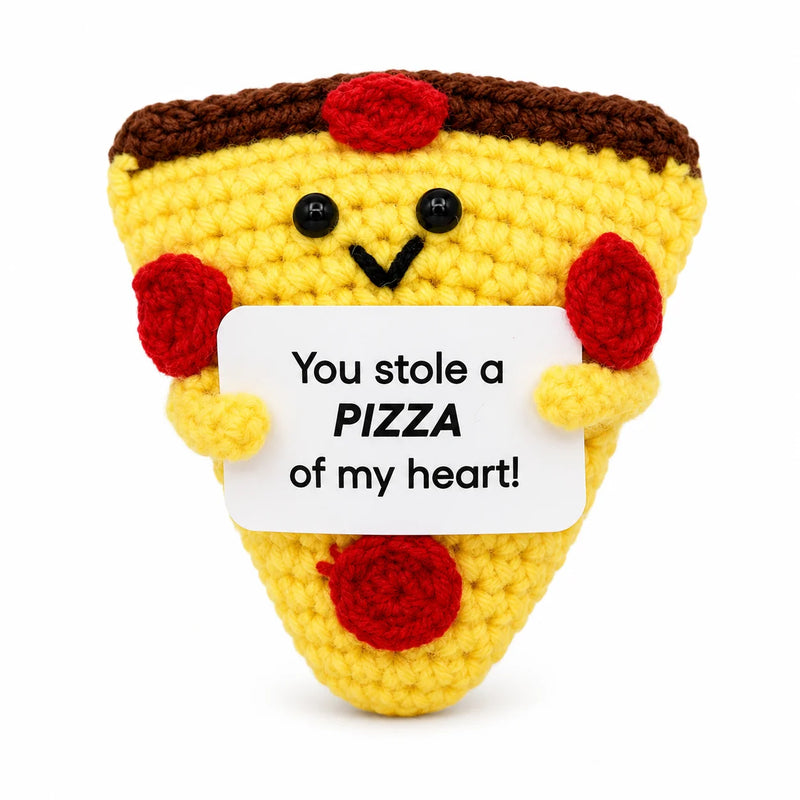 Pizza Positive Crochet Gift character with topping details holding a You stole a PIZZA of my heart message card, presented on a white background