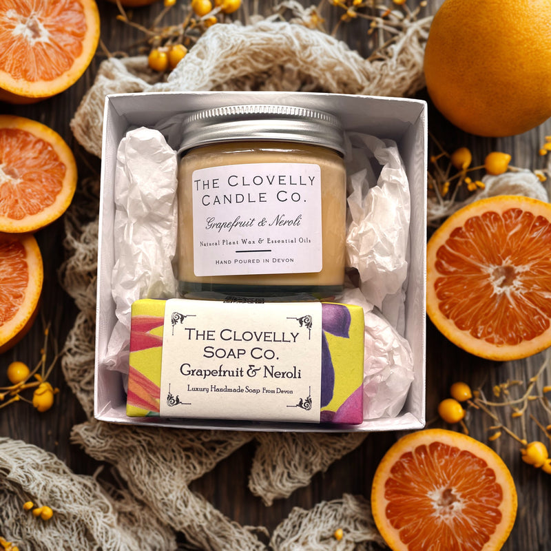 Handmade Clovelly Candle and Guest Soap Gift Set - Grapefruit & Neroli