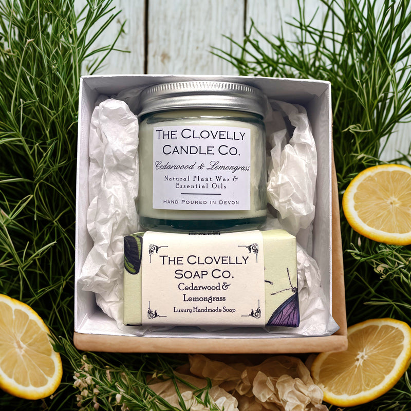 Handmade Clovelly Candle and Guest Soap Gift Set - Cedarwood with Lemongrass