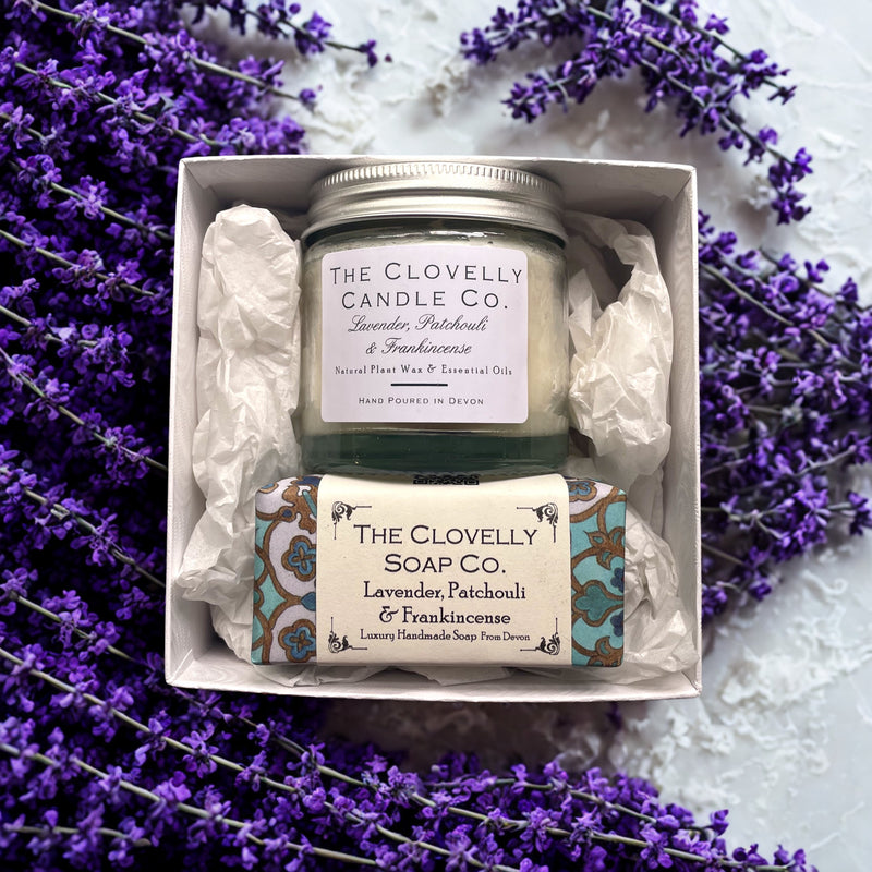 Handmade Clovelly Candle and Guest Soap Gift Set - Lavender, Frankincense & Patchouli