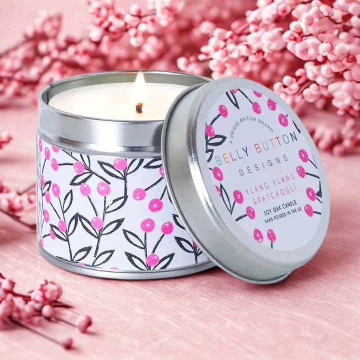 Pink Berries Ylang Ylang & Patchouli soy wax candle in a gift tin — hand-poured in the UK, 195g
