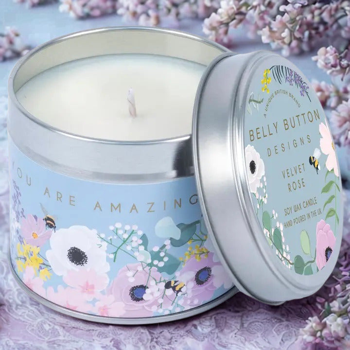 You Are Amazing Velvet Rose soy wax candle in a floral gift tin — hand-poured in the UK, 195g