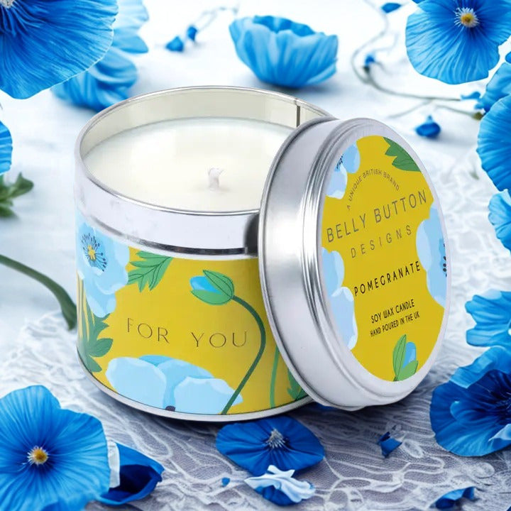 Blue Poppy For You Pomegranate soy wax candle in a gift tin — hand-poured in the UK, 195g