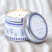 China Blue Fresh Linen soy wax candle in a botanical tin — hand-poured in the UK, 195g