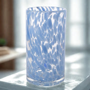 Hestia tall confetti glass vase in blue, lifestyle shot showing blue confetti pattern and slim silhouette