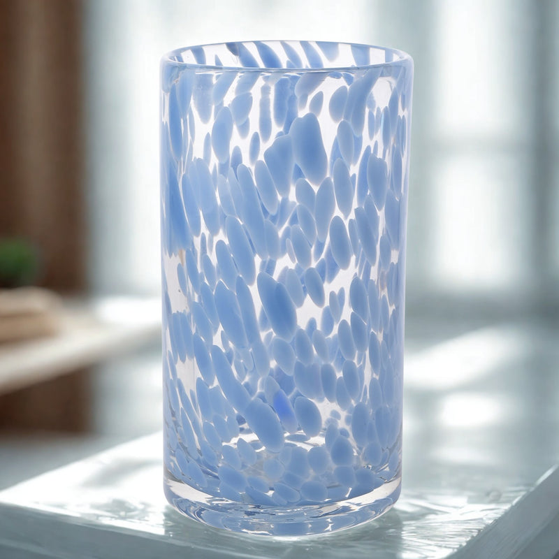 Hestia tall confetti glass vase in blue, lifestyle shot showing blue confetti pattern and slim silhouette