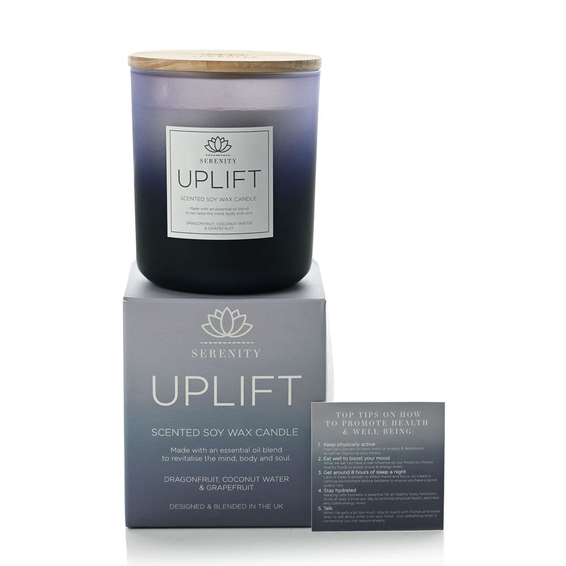 Serenity Uplift 270g scented soy wax candle with blue-green gift box, dragonfruit coconut water and grapefruit fragrance, designed and blended in the UK