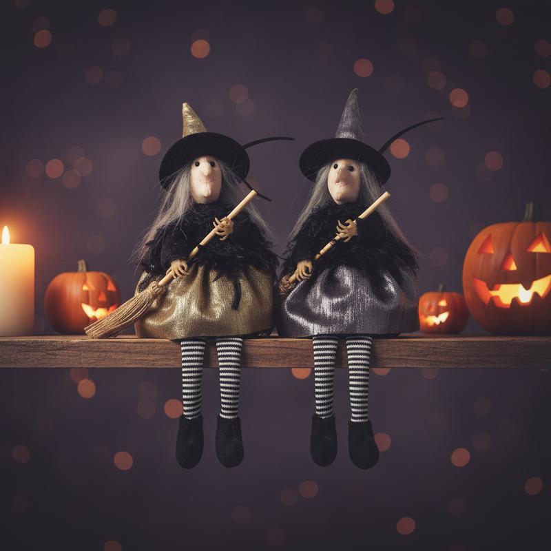 Two witch shelf sitter decorations with gold and silver pointy hats, wild grey hair, gold and silver shimmery skirts, striped stockings and broomsticks, in a moody Halloween scene with soft candlelight and pumpkins in the background