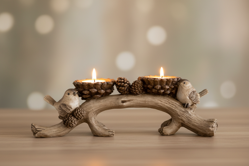 Woodland Bird Double Tealight Holder with Pine Cone Detail