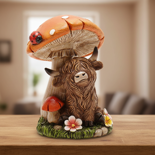 A resin highland cow and toadstool figurine with a fluffy dark brown highland cow leaning against a large orange toadstool with white spots, a red ladybird, a smaller red toadstool and pink and yellow flowers at the base, placed on a warm wooden shelf with a softly blurred cosy home interior background