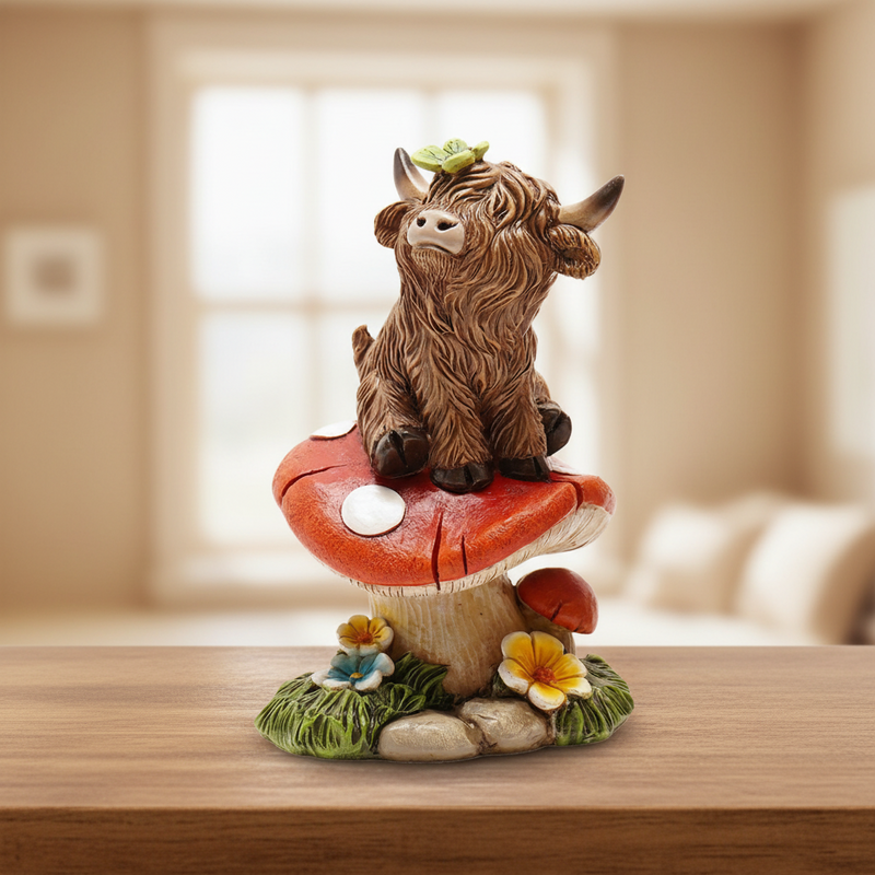 A highland cow figurine sitting on top of a large red toadstool with white spots, with a small green butterfly on its head, curved horns and a fluffy dark brown coat, placed on a warm wooden shelf with a softly blurred cosy home interior background