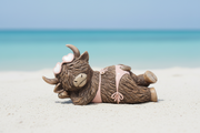 A resin highland cow figurine lying on its side wearing a pink bikini and pink heart-shaped sunglasses, with curved horns and a fluffy dark brown coat, on pale sand with a soft blurred turquoise blue background