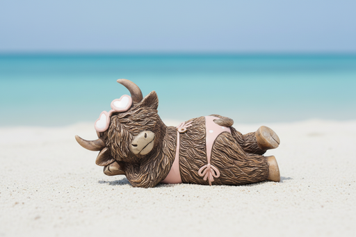 A resin highland cow figurine lying on its side wearing a pink bikini and pink heart-shaped sunglasses, with curved horns and a fluffy dark brown coat, on pale sand with a soft blurred turquoise blue background
